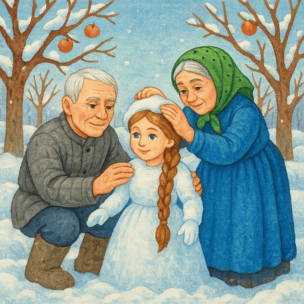 Старики лепят из снега девочку Снегурочку зимой