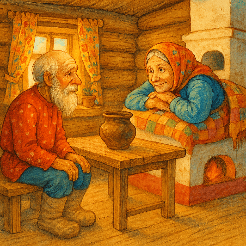 Старик и старуха молча лежат в избе, в центре стоит не мытый горшок.