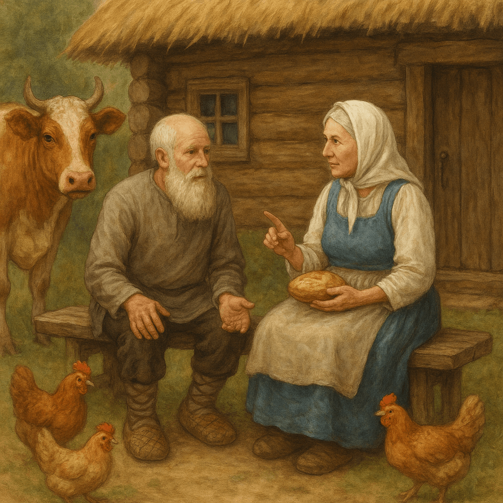 Старик и старуха сидят на лавочке и советуются.