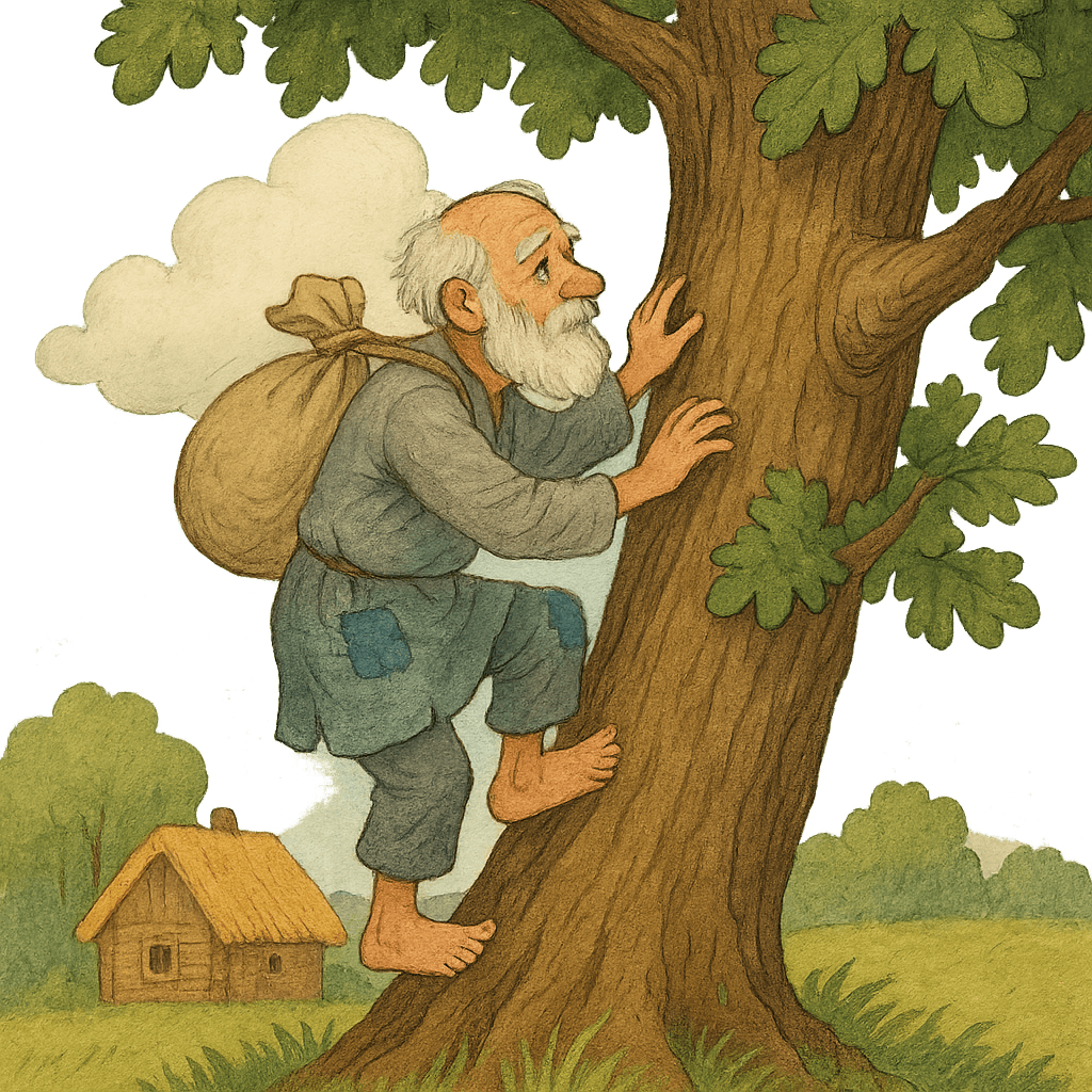 Старик лезет по дубу к небу