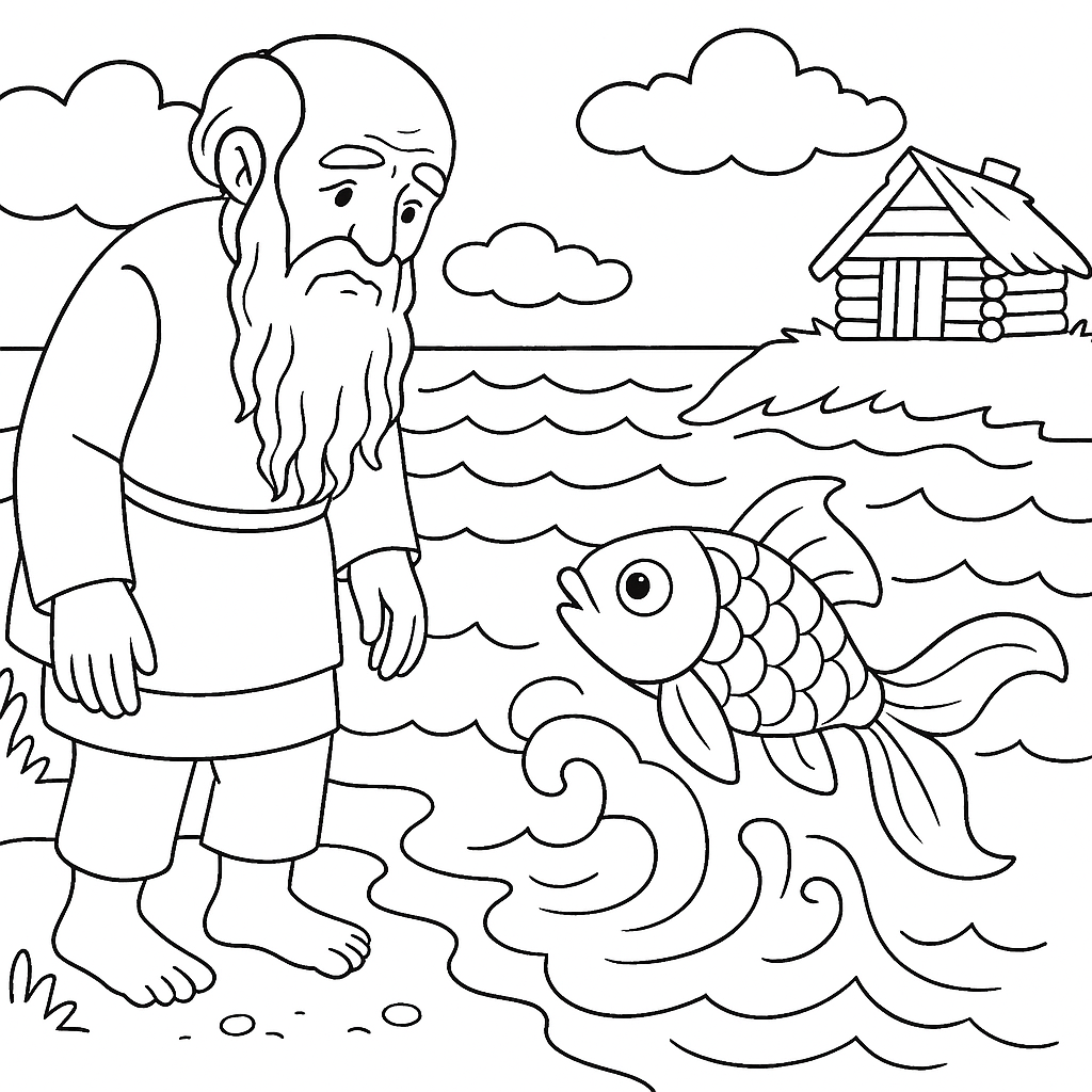 Раскраска по сказке "Сказка о рыбаке и рыбке"