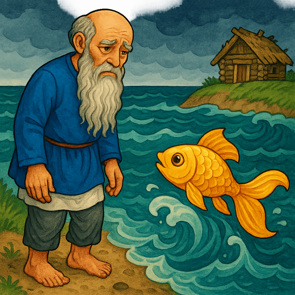 Старик беспокойно просит золотую рыбку о новой избе для старухи.