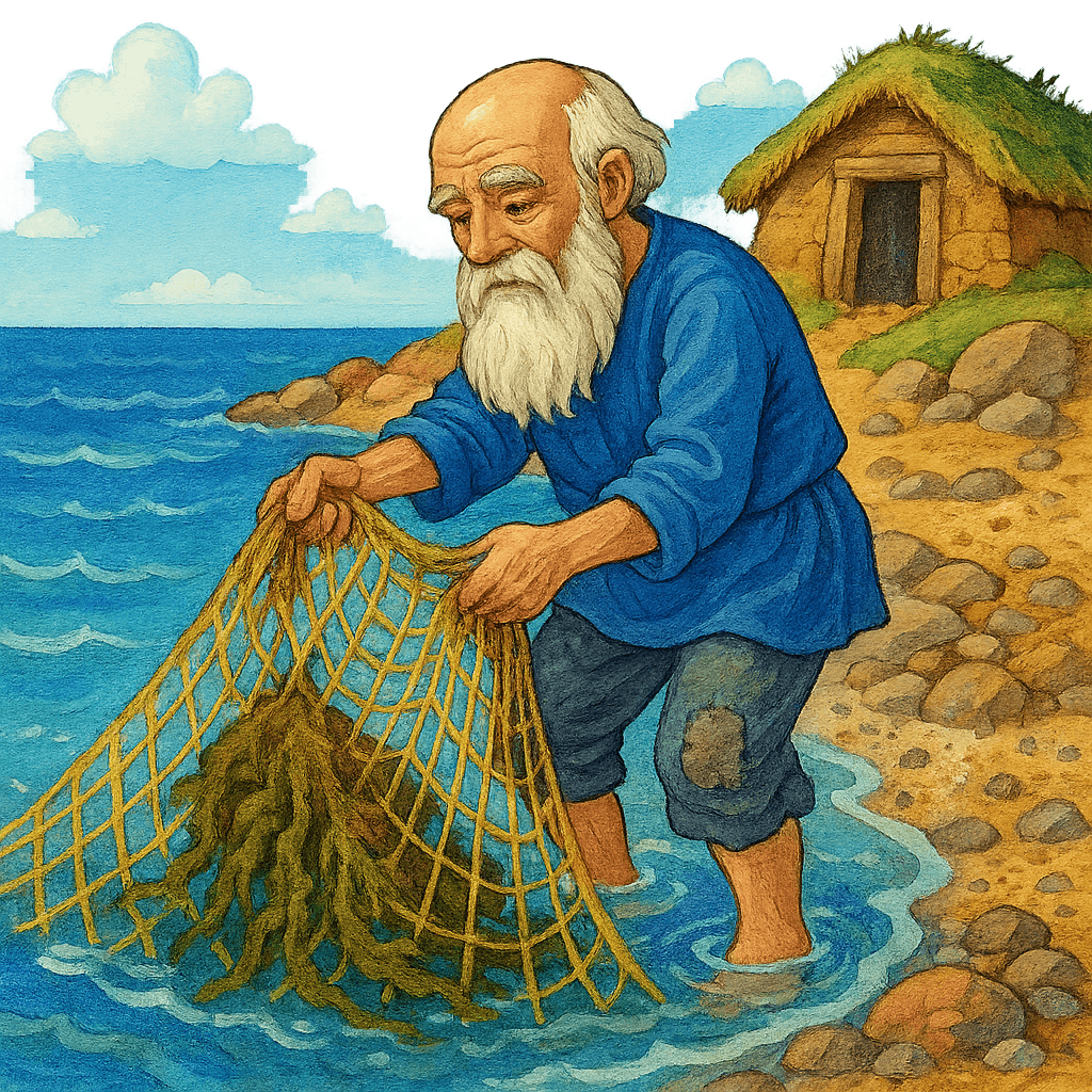 Старик вытаскивает невод, полный тины, у берега синего моря.
