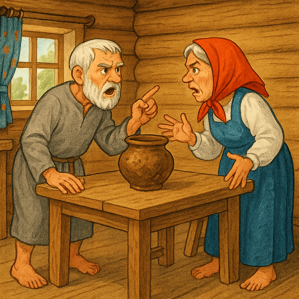 Старик и старуха спорят у стола с не мытым горшком.