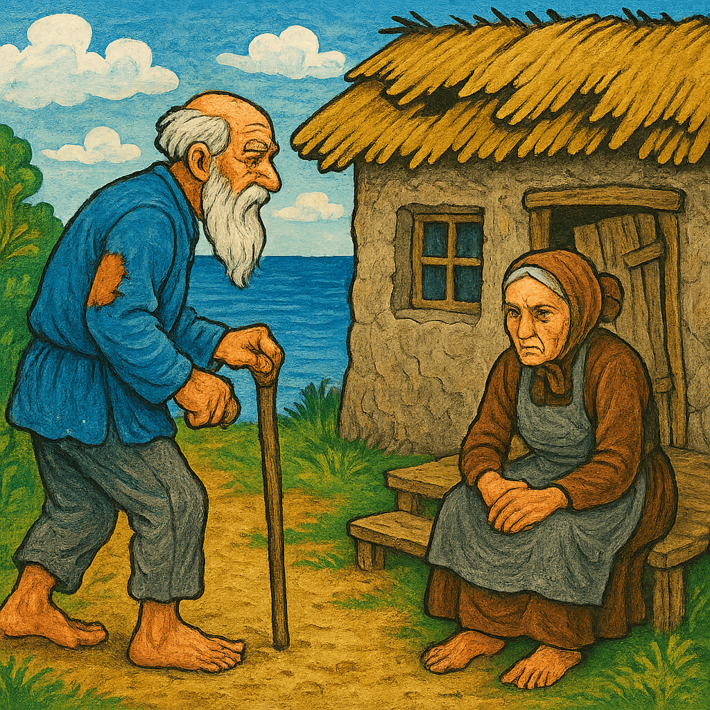 Старик и старуха у своей старой ветхой землянки у самого синего моря.