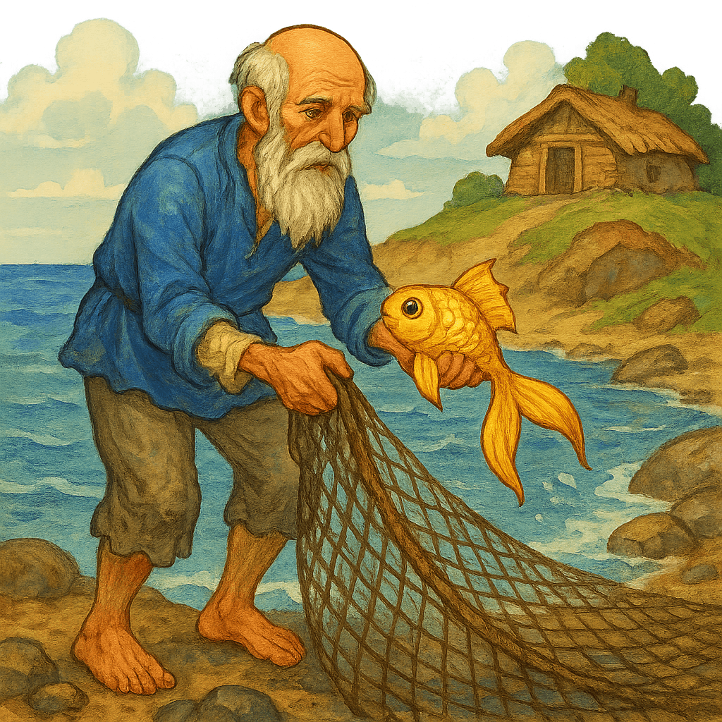 Старик ловит золотую рыбку в неводе на берегу моря.