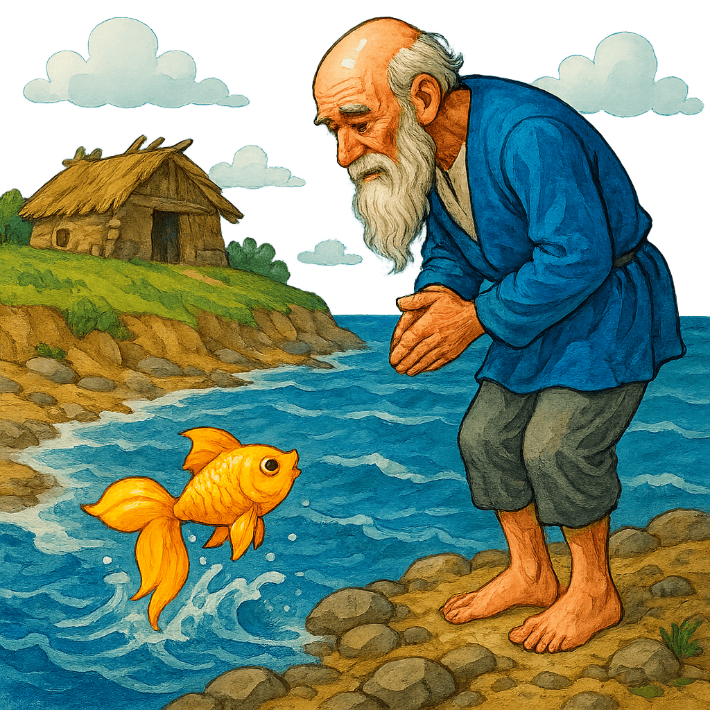Старик поклоняется золотой рыбке на берегу моря.