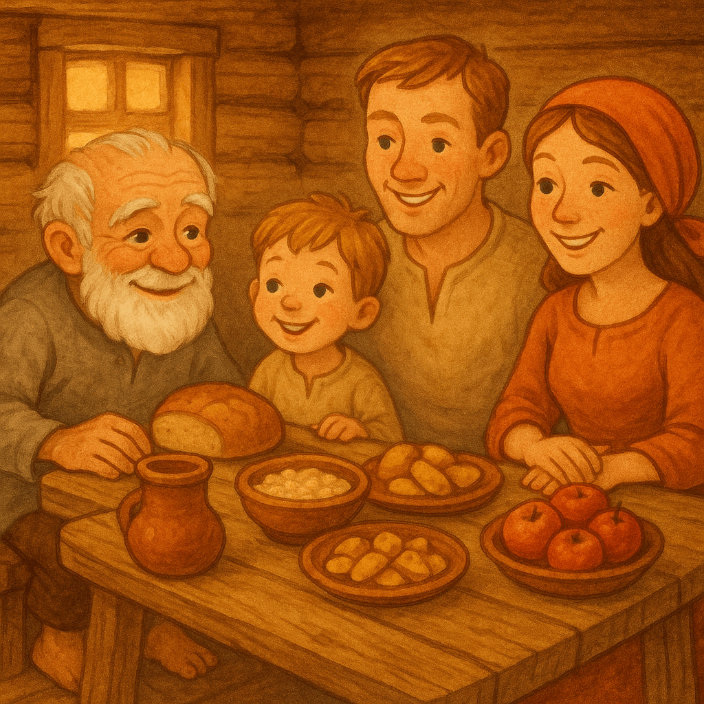 Старик с семьёй за столом, все вместе улыбаются, радость и тепло.