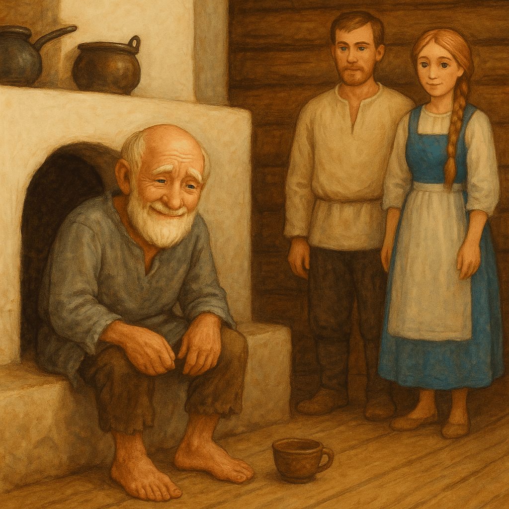 Старик грустно ест за печкой, рядом разбитая чашка.