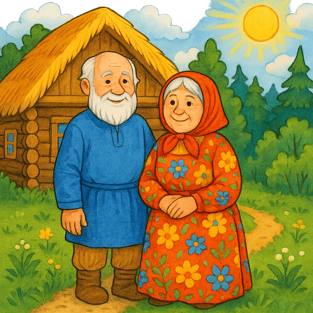 Старик и старушка у избы