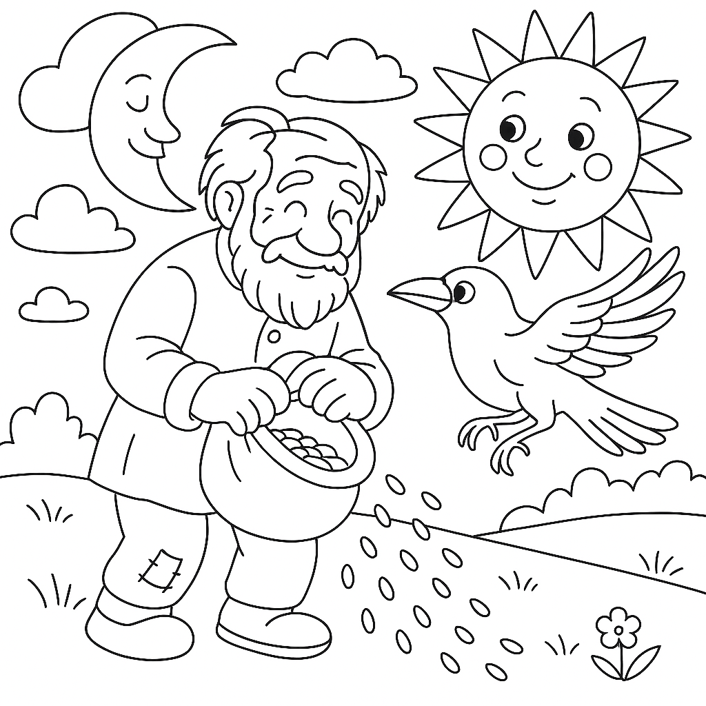 Раскраска по сказке "Солнце, месяц и ворон воронович"