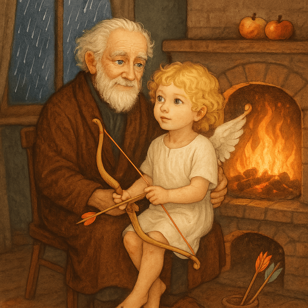 Старик-поэт у печки держит на коленях золотистого мальчика-Амура, за окном льёт дождь