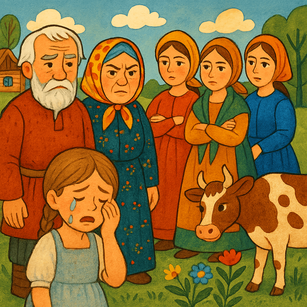 Старик точит нож, Хаврошечка плачет о своей коровушке