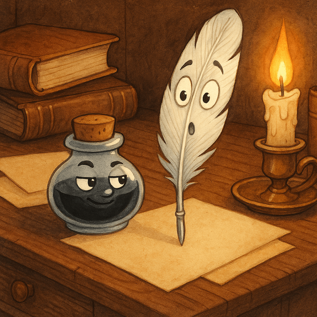 Чернильница рассуждает о своём величии рядом с пером
