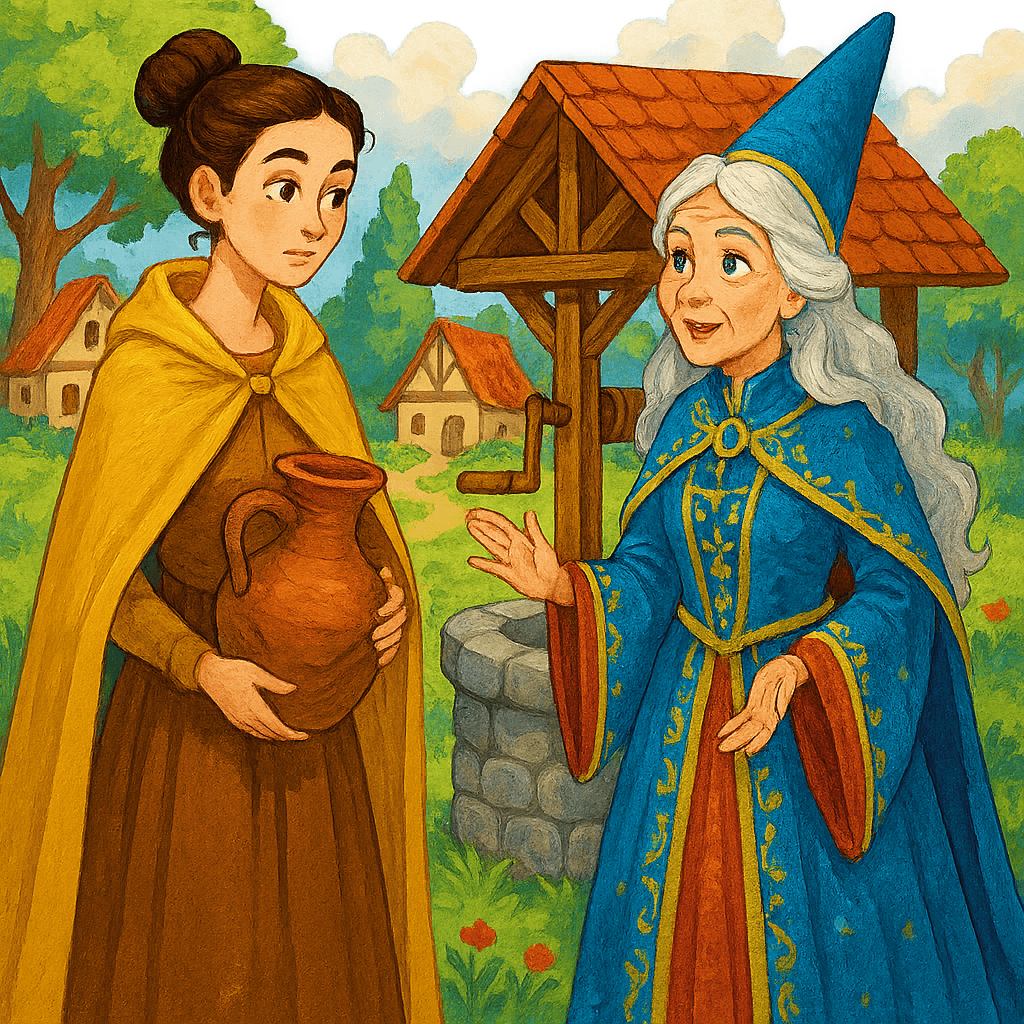 Старшая дочь грубо отвечает нарядной даме у колодца.