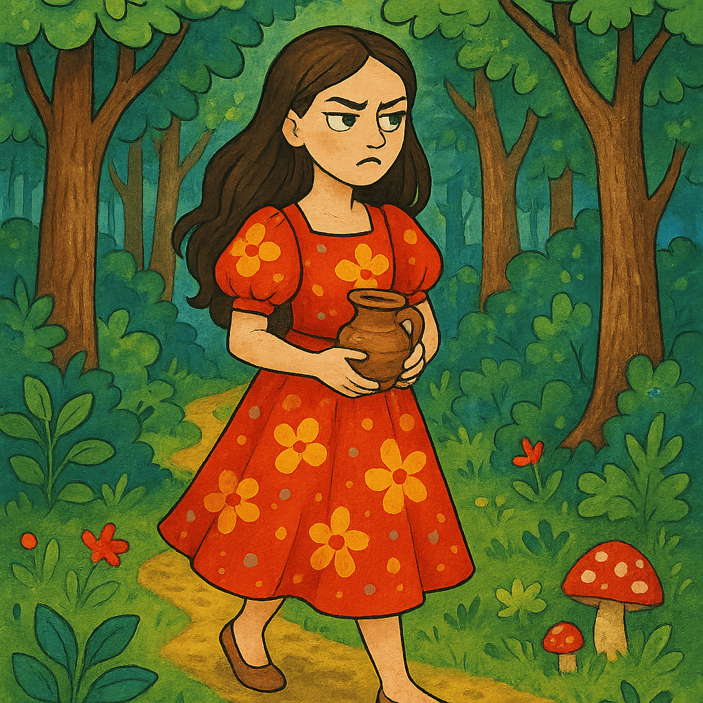 Старшая дочь идёт в лес с кувшинчиком