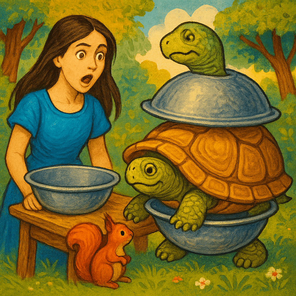Старшая дочь превращается в черепаху с тазами.
