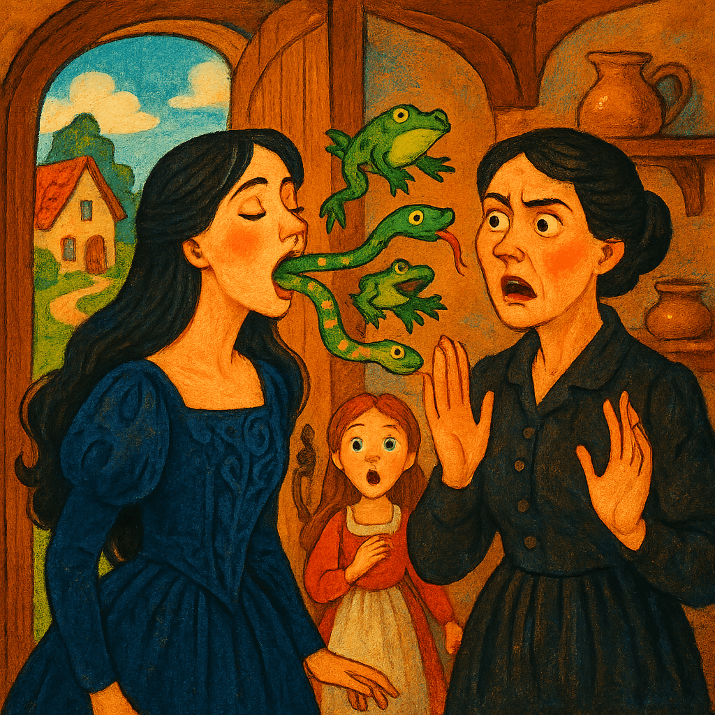 Старшая сестра возвращается, из её рта появляются змеи и жабы, и мать в ужасе.