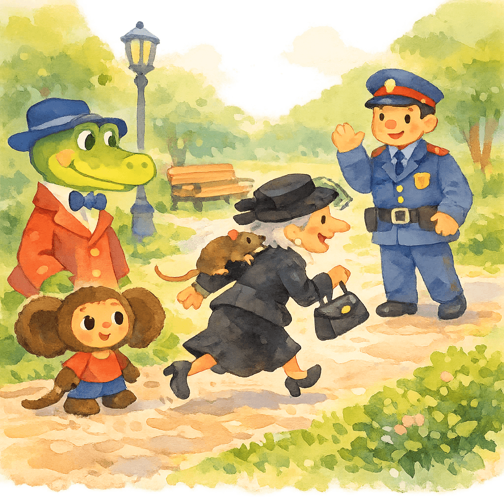 Шапокляк прибегает к милиционеру, за ней наблюдают Гена и Чебурашка