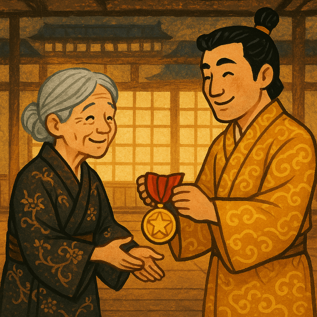 Старушка получает награду от князя в зале японского замка. Радостная атмосфера финала.