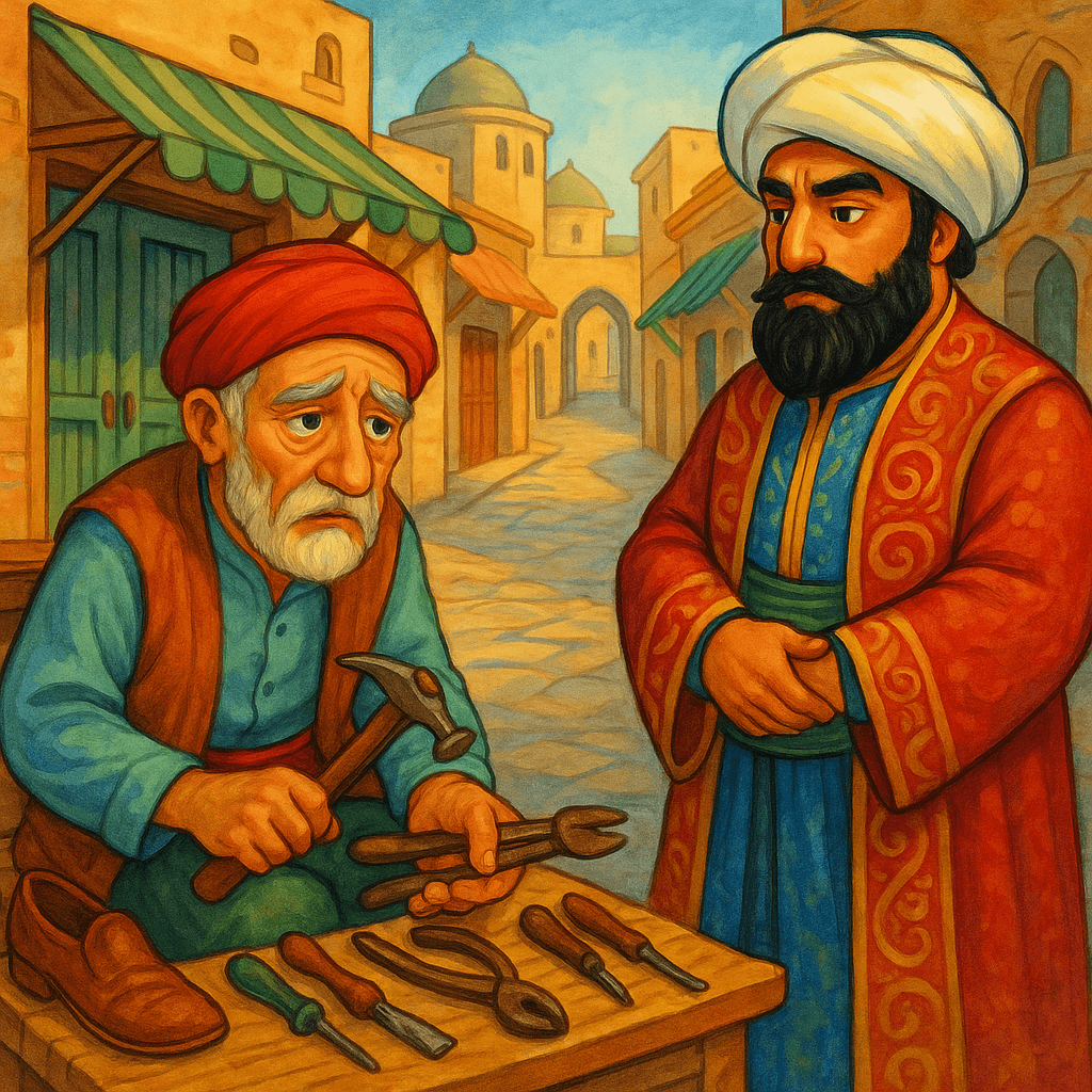 Сцена встречи башмачника Мустафы и Хасана Одноглазого на пустынном рынке в раннее утро перед решающими событиями