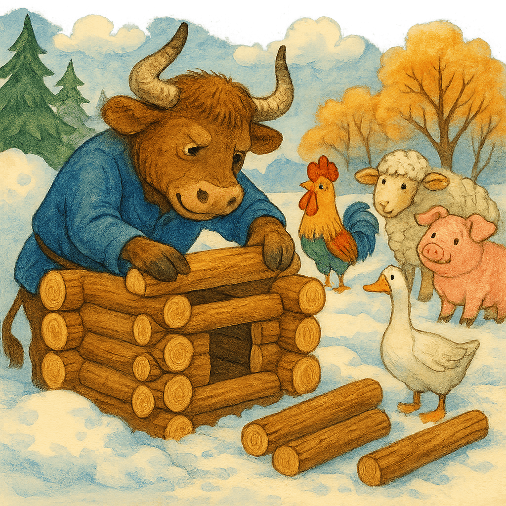 Бык строит избушку на снегу, остальные звери наблюдают