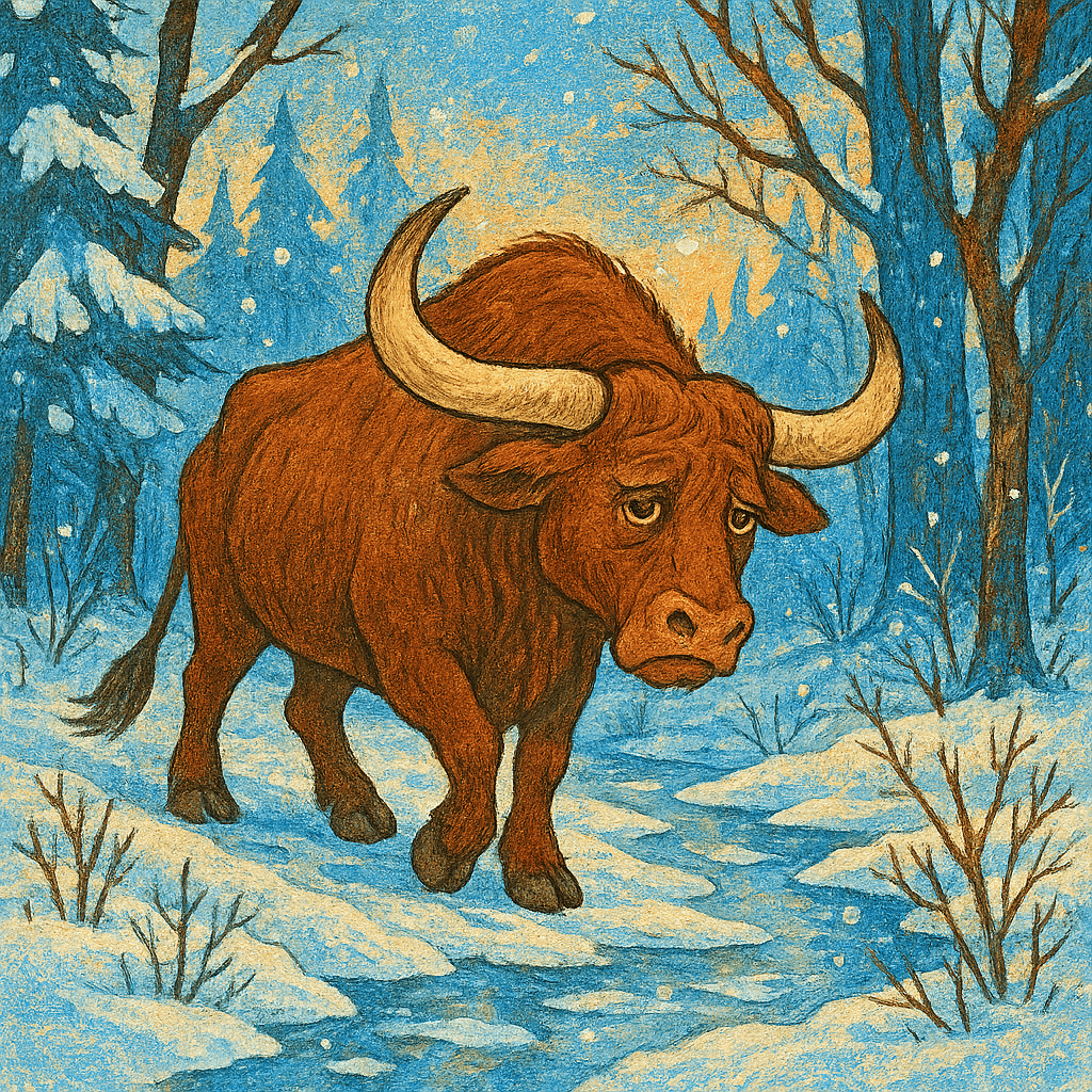 Старый бык идёт по зимнему лесу