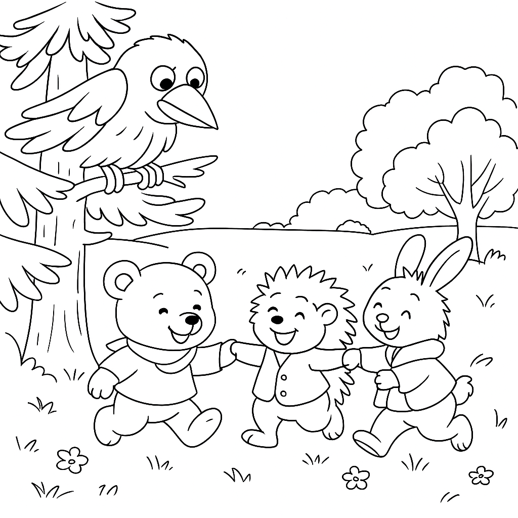 Раскраска по сказке "Как ослик, ёжик и медвежонок встретились после долгой зимы"