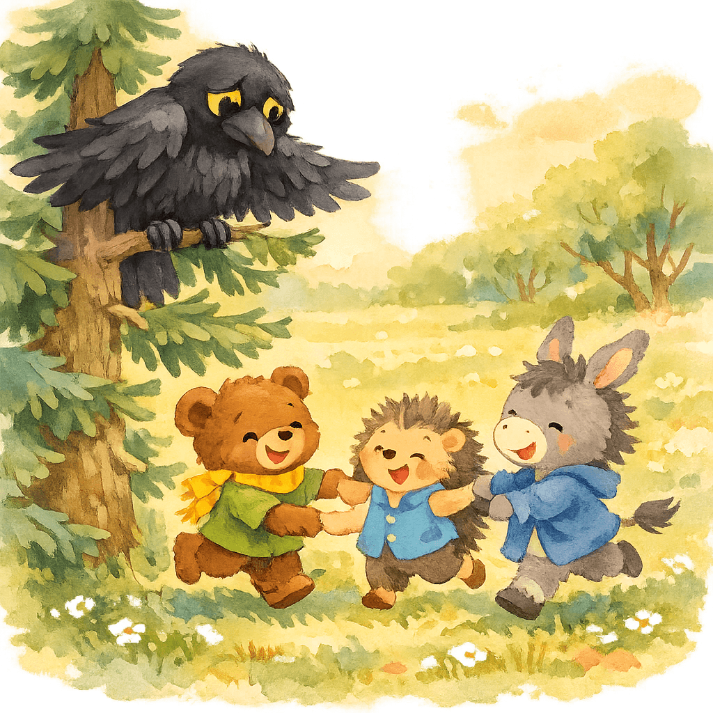 Старый ворон наблюдает за веселящимися друзьями с дерева