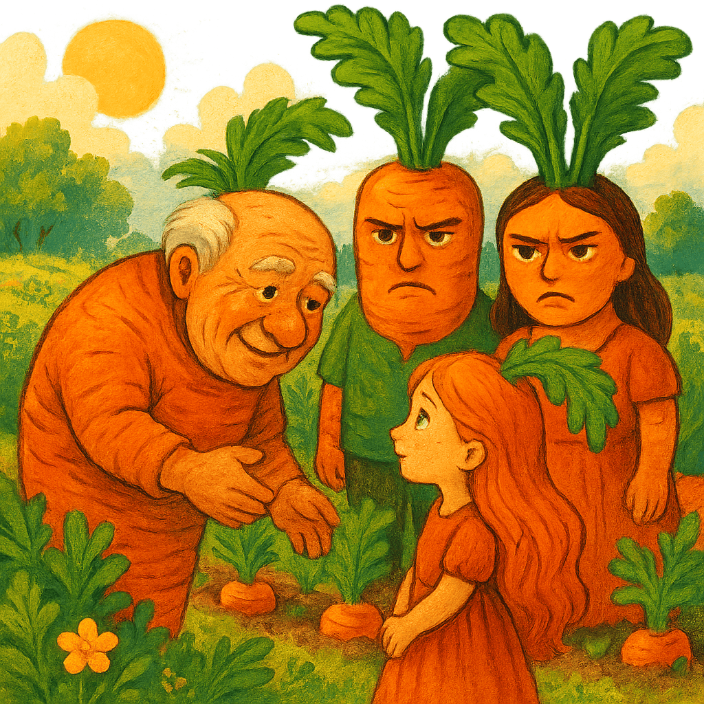 Безобразный старый морковка-жених и родители Краснушки на огороде