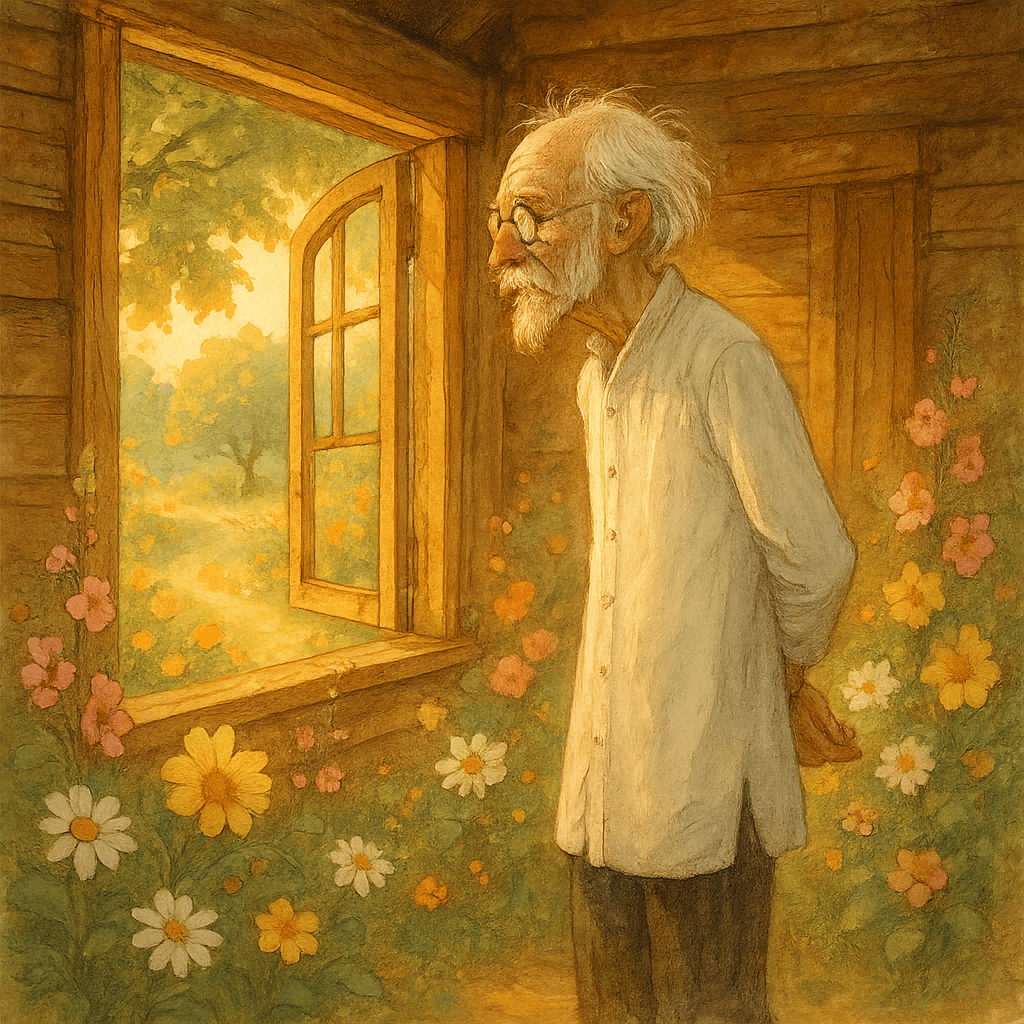 Старый учитель стоит у окна домика и задумчиво смотрит в сад. Вокруг цветы, солнечный свет.