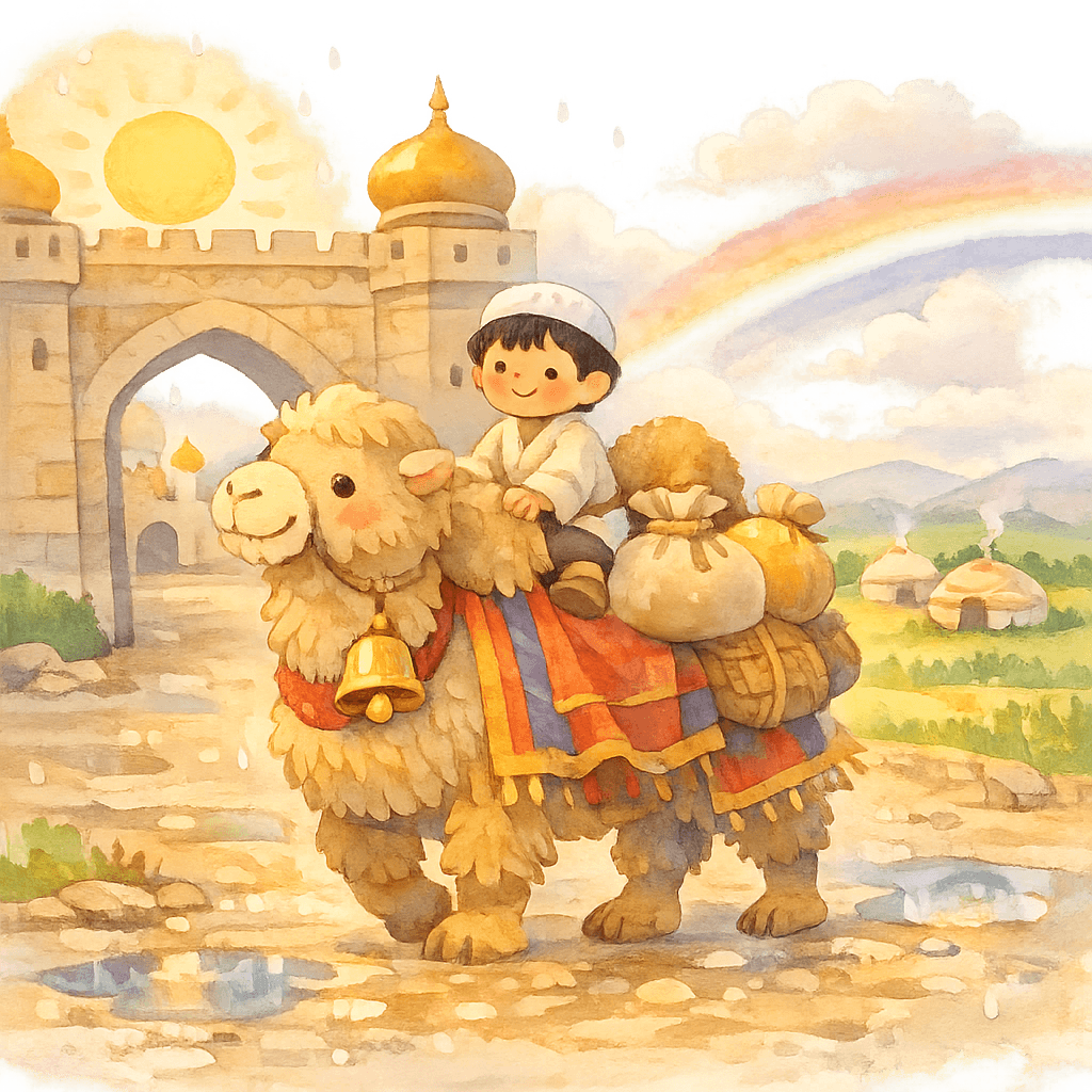 Верблюд и мальчик уходят из ханского города под радугой