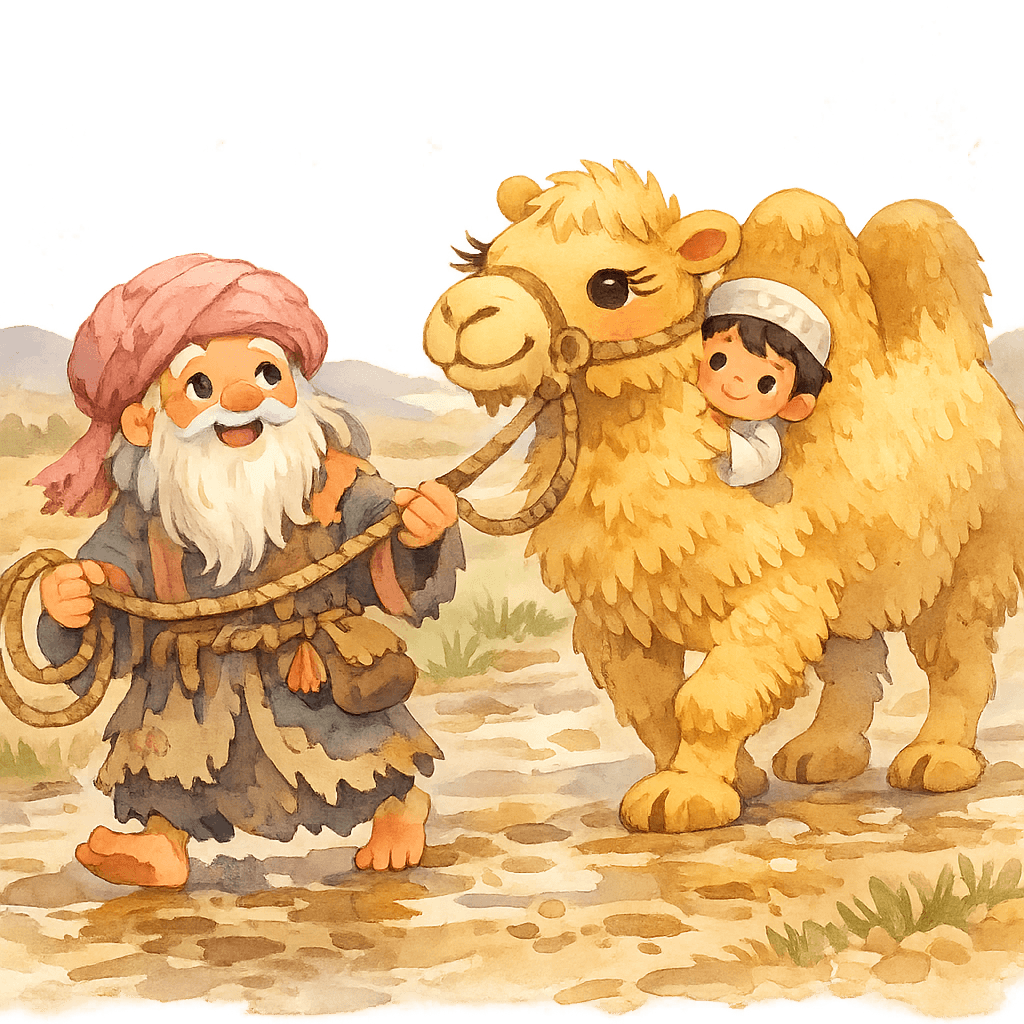 Старый звездочёт ведет верблюда по грязной дороге