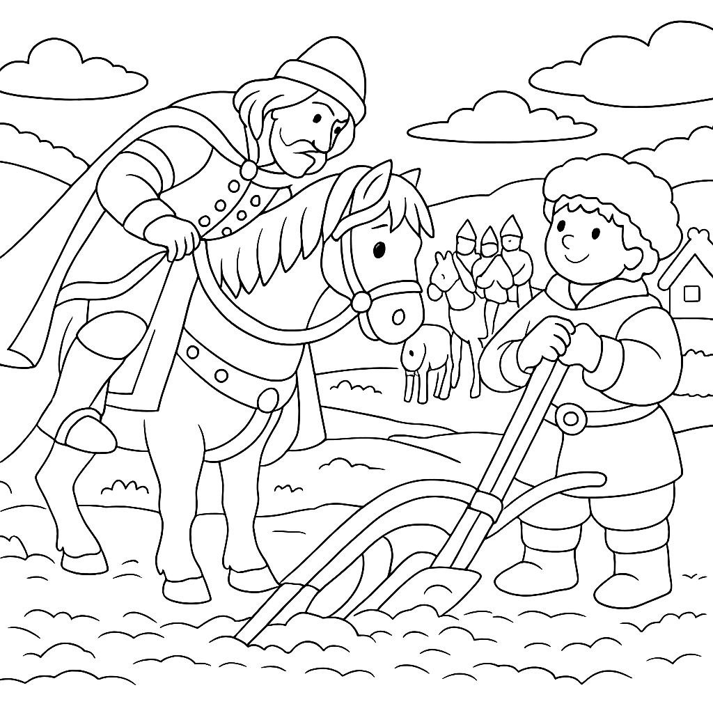 Раскраска по сказке "Вольга и Микула Селянинович"