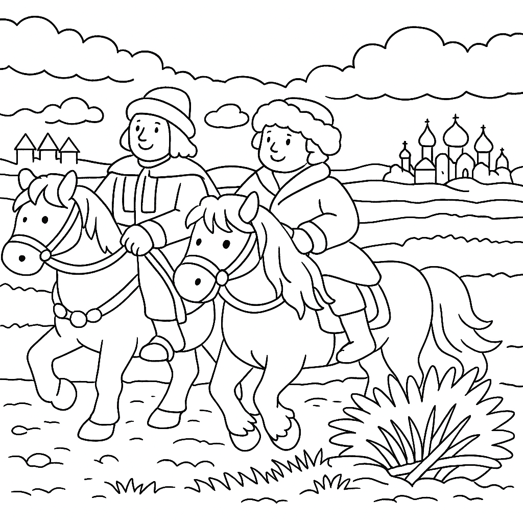 Раскраска по сказке "Вольга и Микула Селянинович"