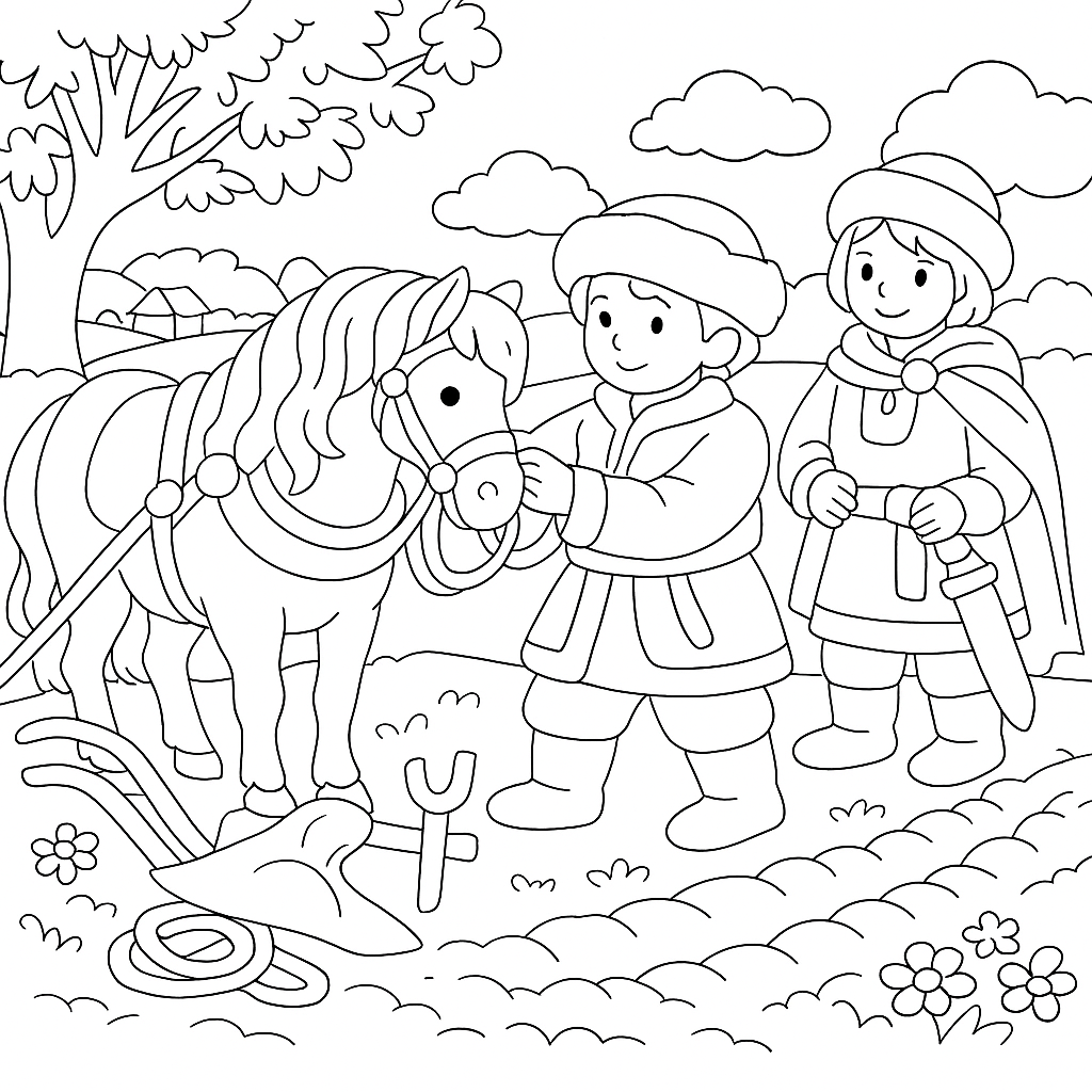 Раскраска по сказке "Вольга и Микула Селянинович"