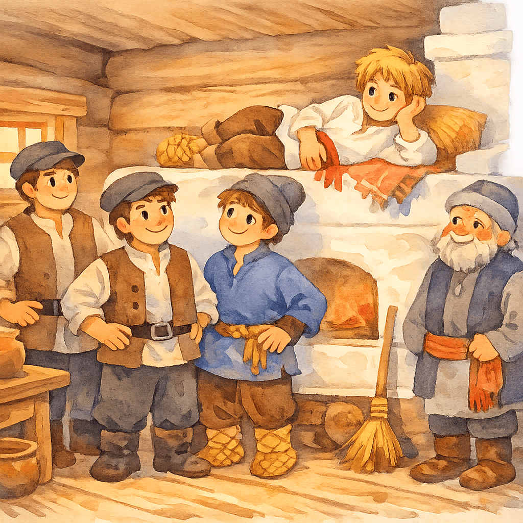Трое братьев в избе: Иванушка лежит на печи, братья и отец рядом.