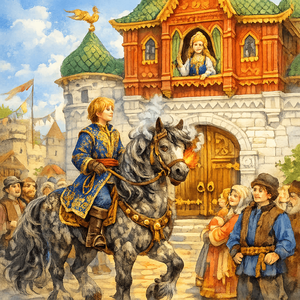 Площадь перед теремом: царевна у окна, толпа, Иванушка подъезжает на Сивке-бурке.