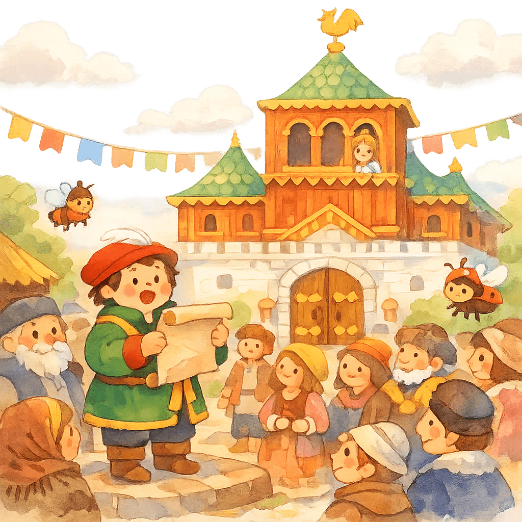 Глашатай на площади читает царский указ, на фоне виден терем-дворец.