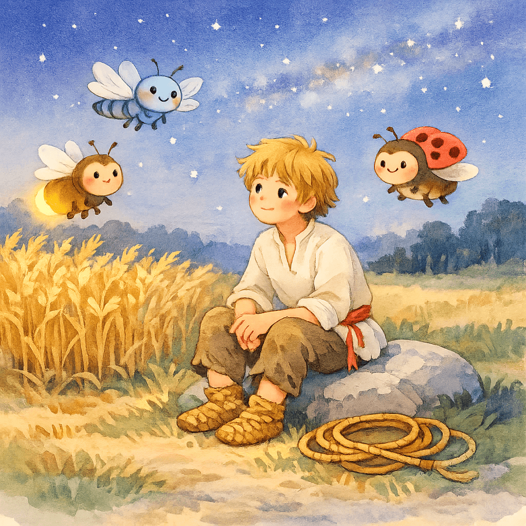 Иванушка ночью на меже с арканом сидит на камне и стережёт пшеницу.