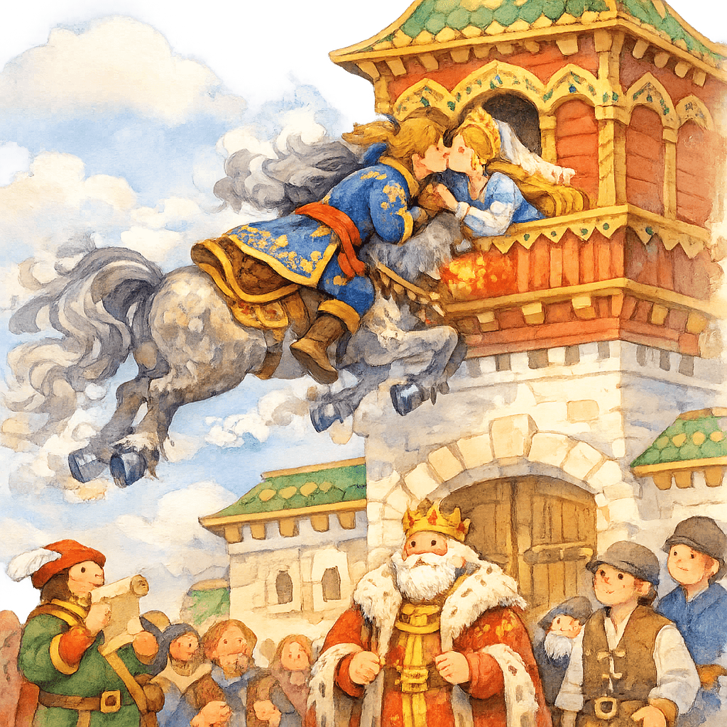 Третий прыжок: Иванушка на Сивке-бурке дотягивается до окна, царевна целует его.