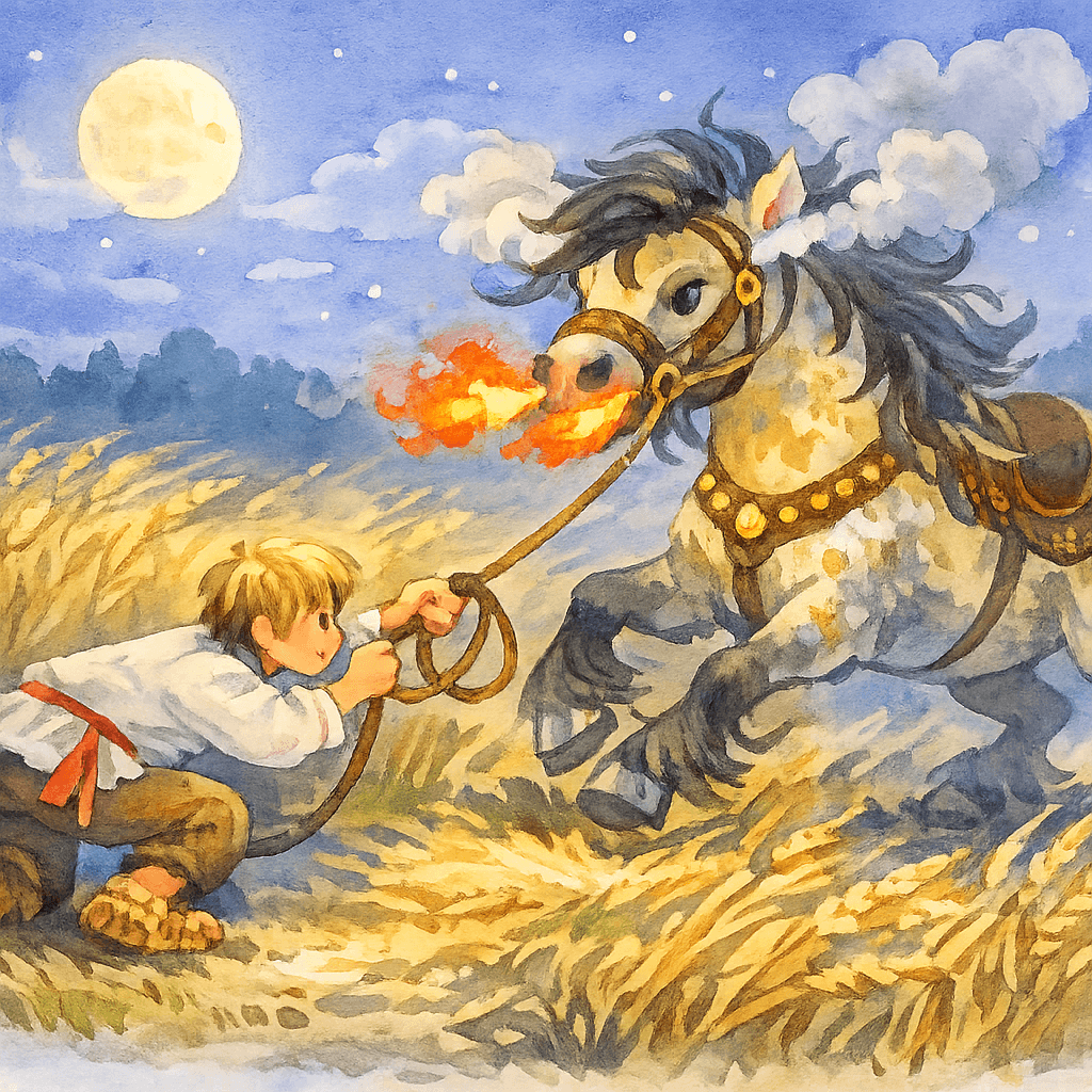 Иванушка накидывает аркан на шею Сивке-бурке, конь рвётся, ночь и лунный свет.