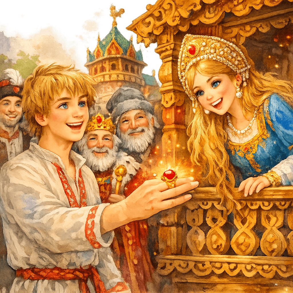 Озарение перстня на пальце Иванушки — весь зал светится.