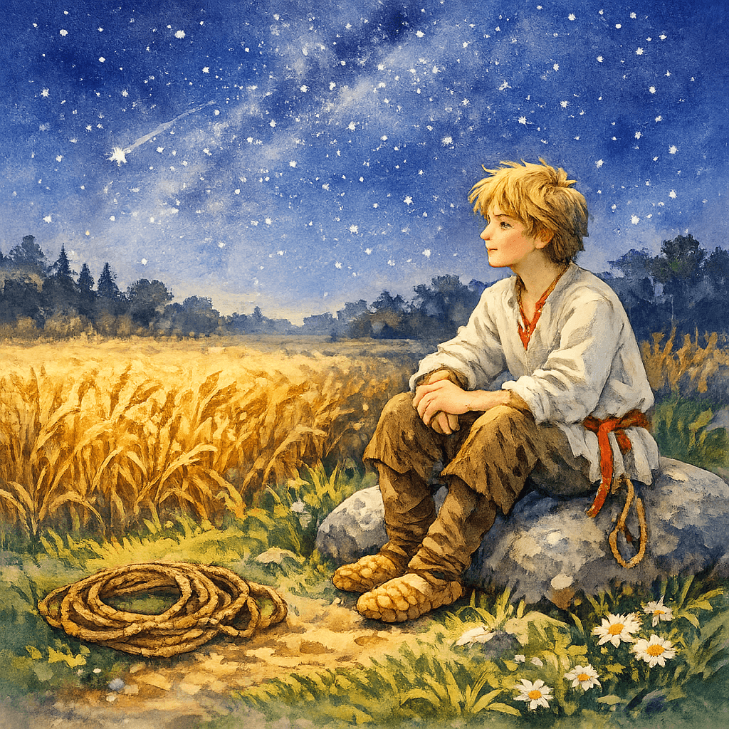 Иванушка ночью на меже с арканом сидит на камне и стережёт пшеницу.