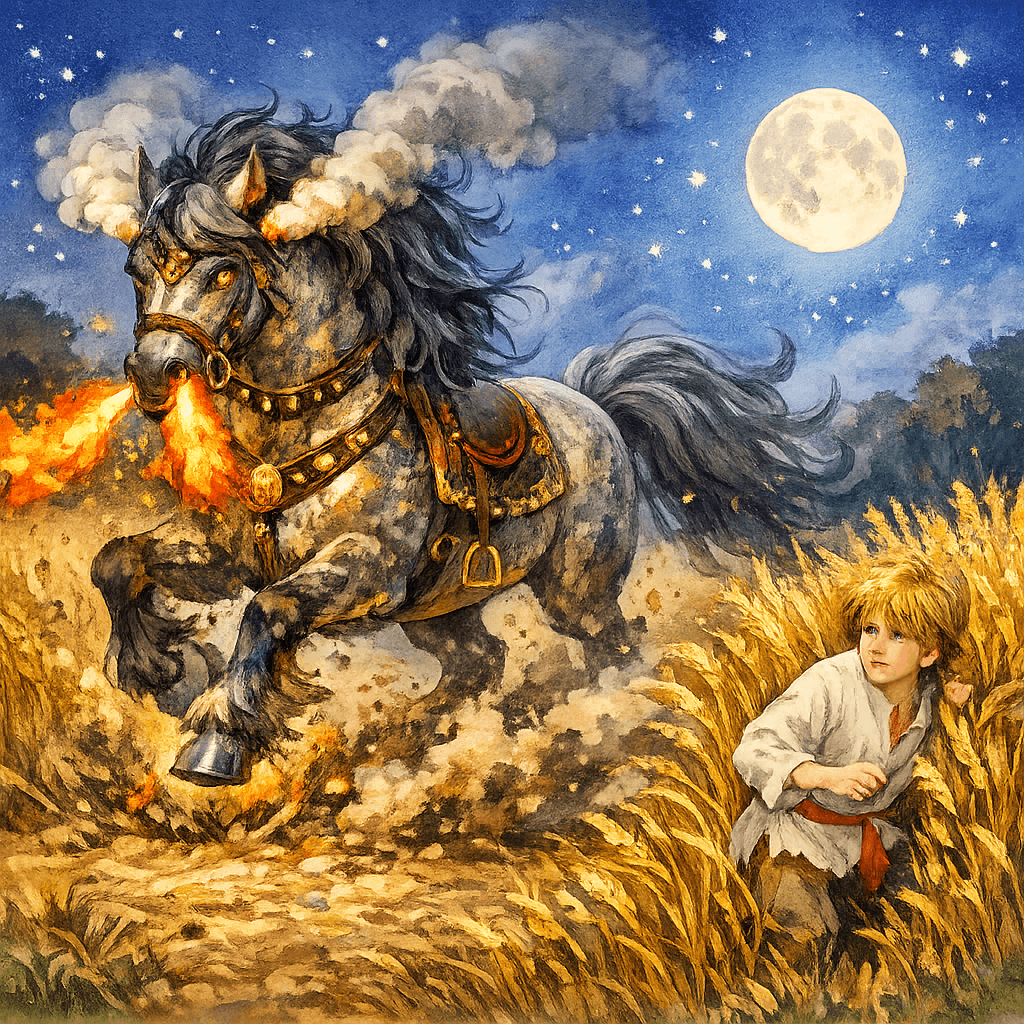 Сивка-бурка врывается в поле: из ноздрей пламя, из ушей дым, ночь над пшеницей.