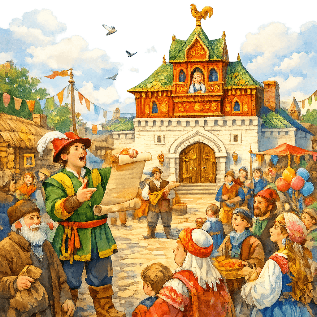 Глашатай на площади читает царский указ, на фоне виден терем-дворец.