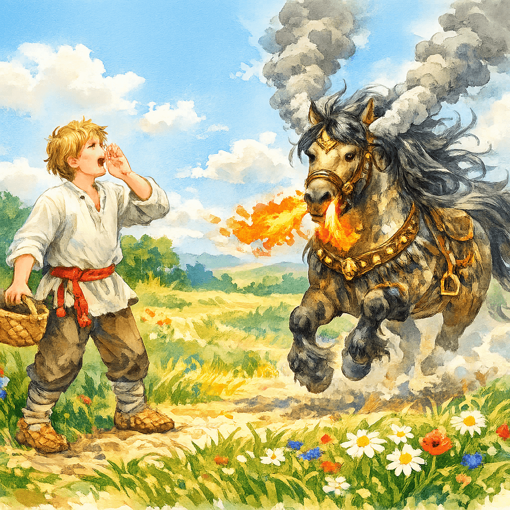 Иванушка свистит и зовёт Сивку-бурку, конь мчится к нему по полю.