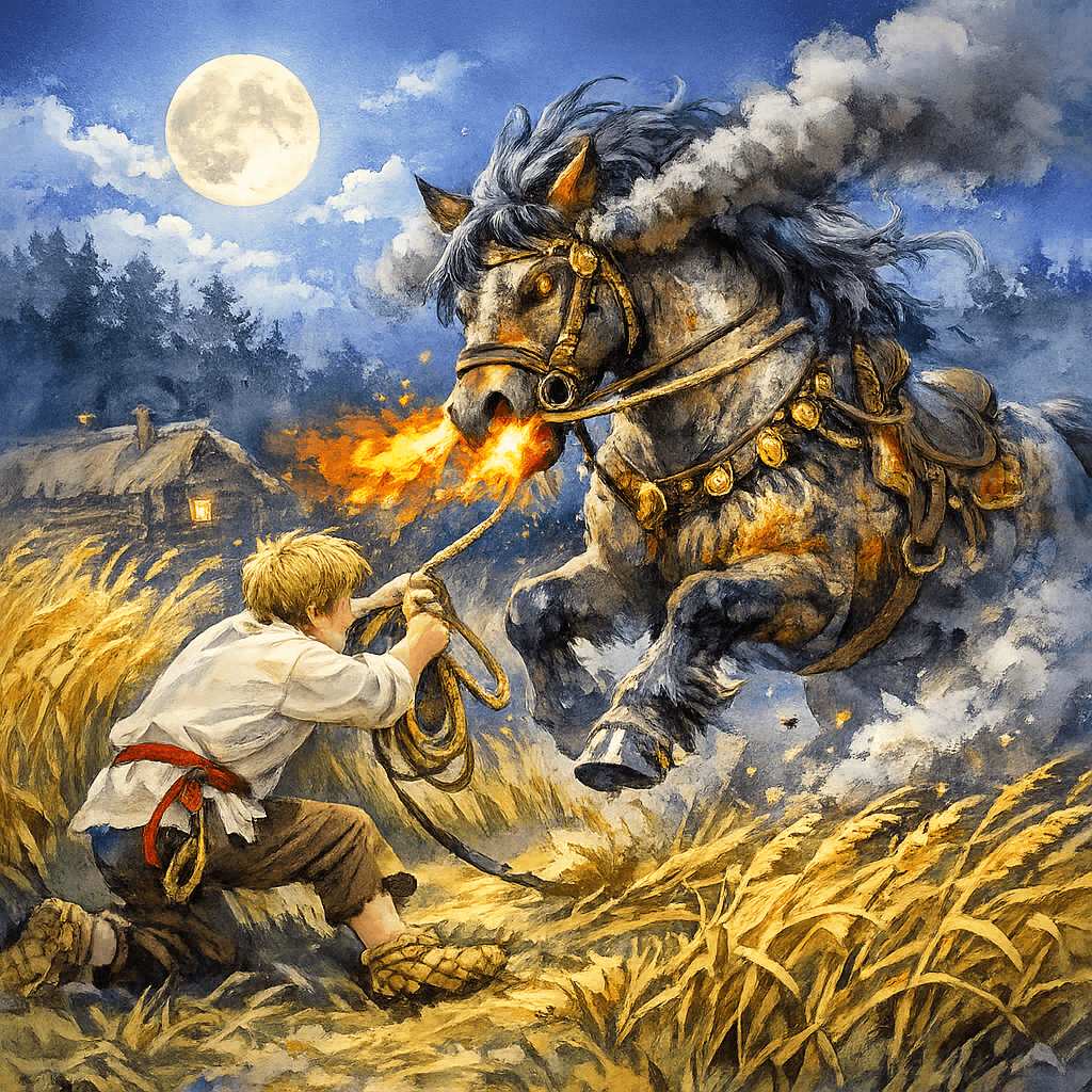Иванушка накидывает аркан на шею Сивке-бурке, конь рвётся, ночь и лунный свет.