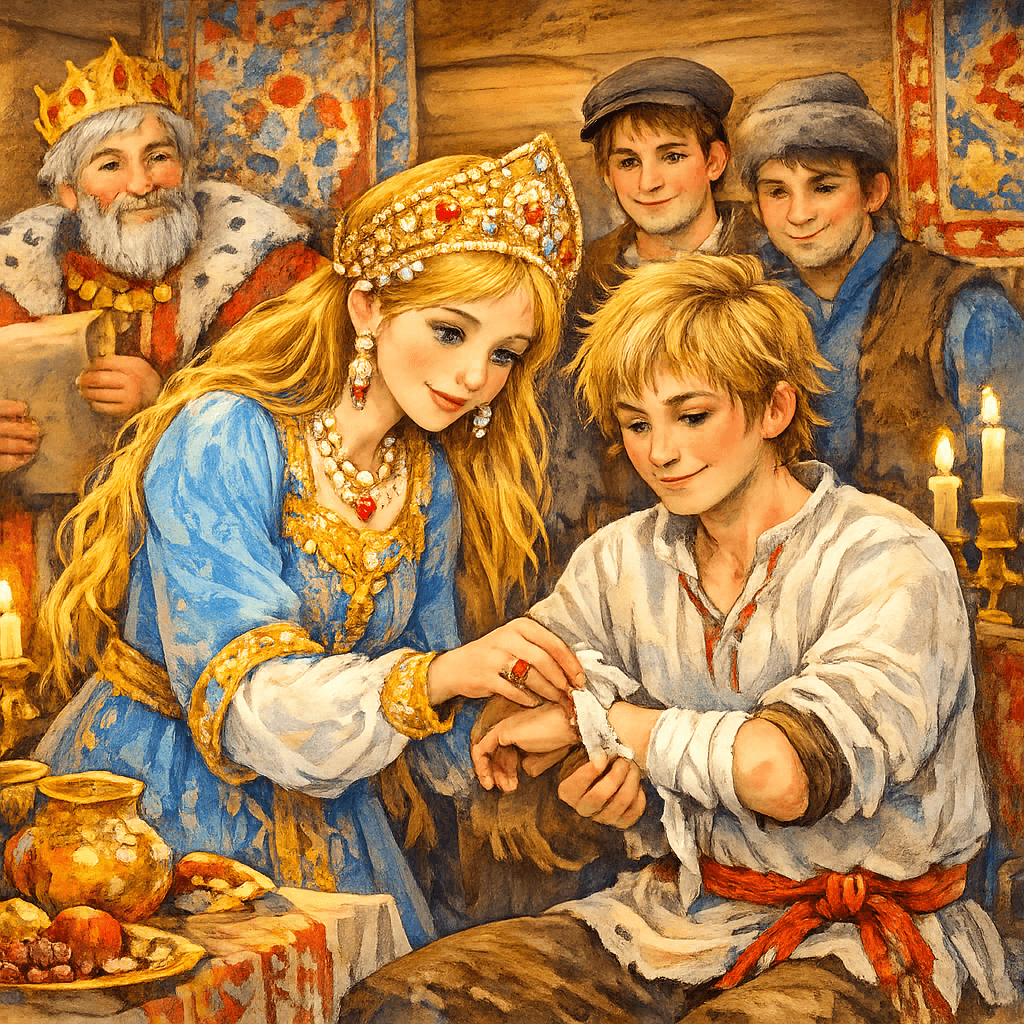 Царевна просит Иванушку развязать повязку на руке во время пира.