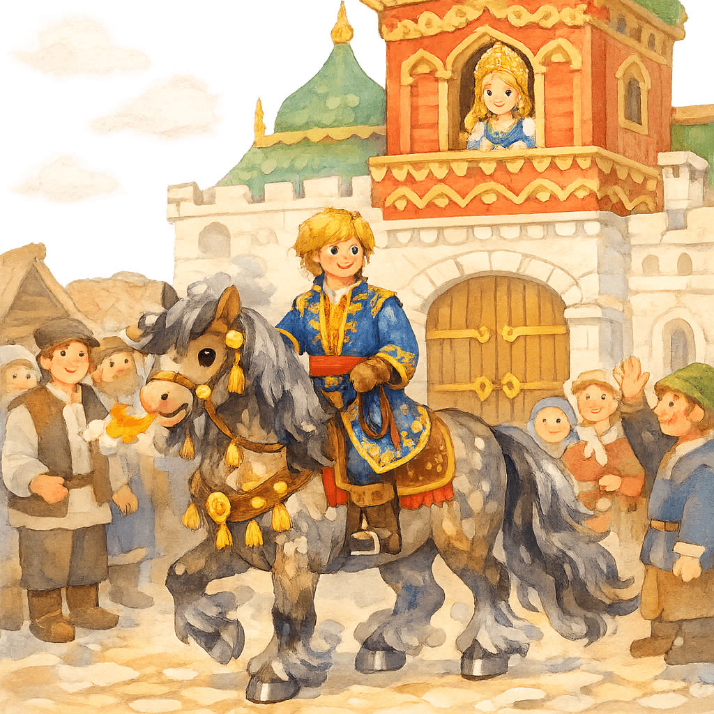 Площадь перед теремом: царевна у окна, толпа, Иванушка подъезжает на Сивке-бурке.